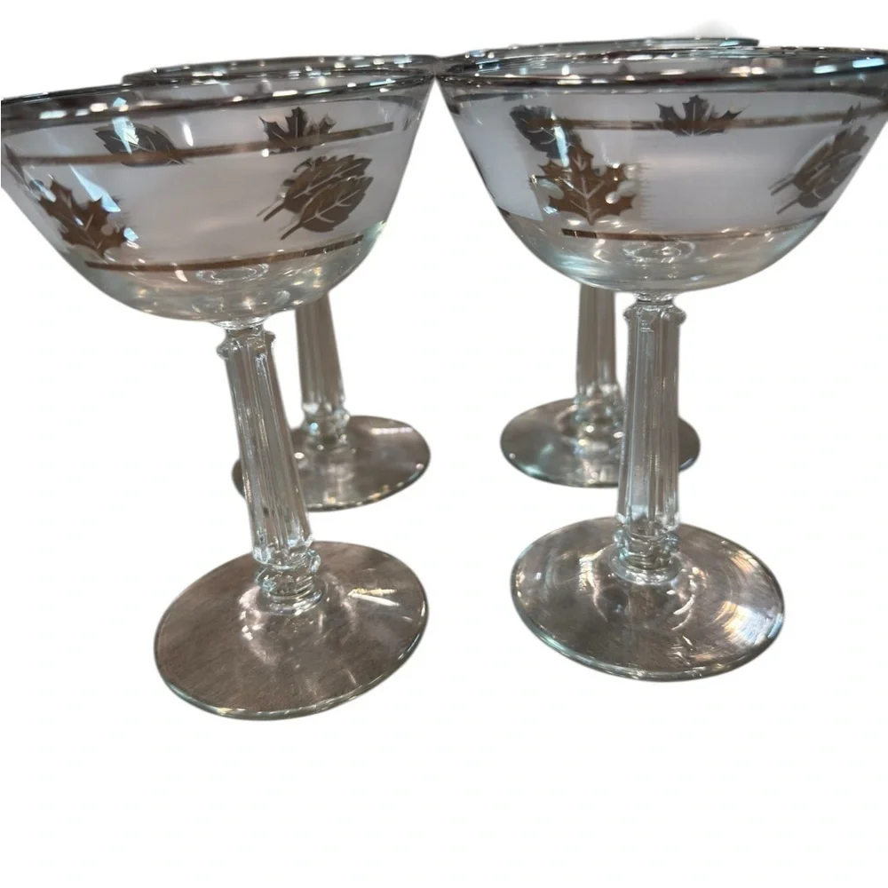 Libbey Set of 4 Silver Foliage Champagne Coupes Frosted Vintage Sleek 5 5/8 in